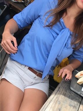 Womens Blue Tie-Neck Blouse